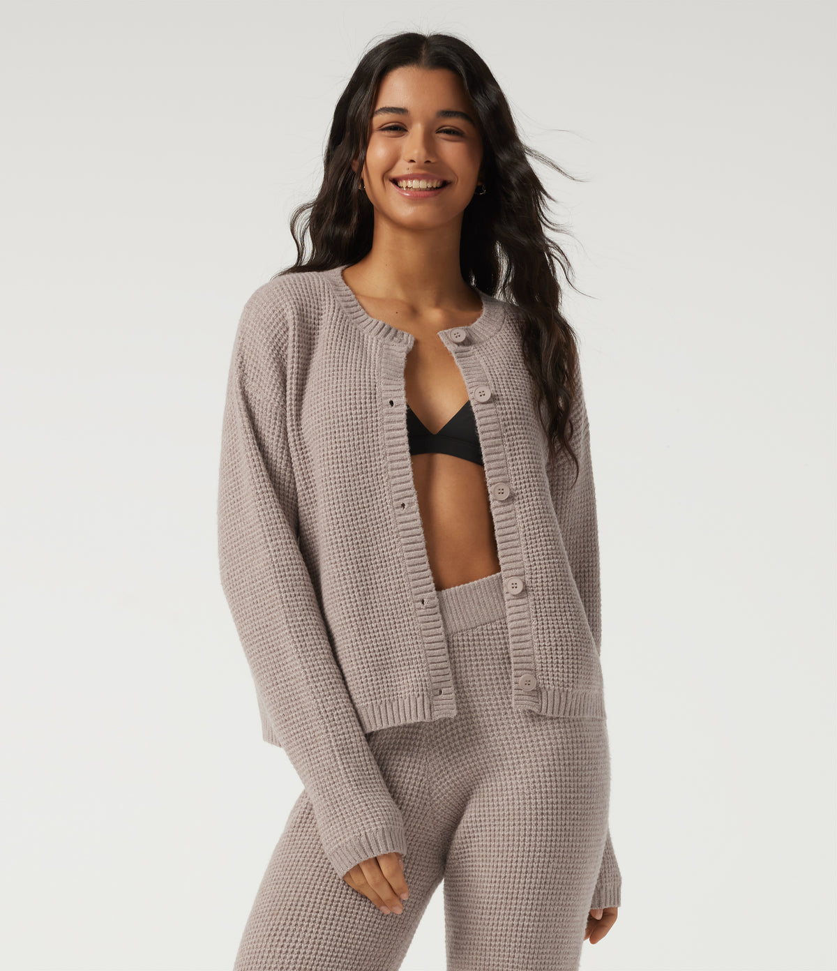 Round Neck Long Sleeve Lounge Cardigan — Peyote — view 4