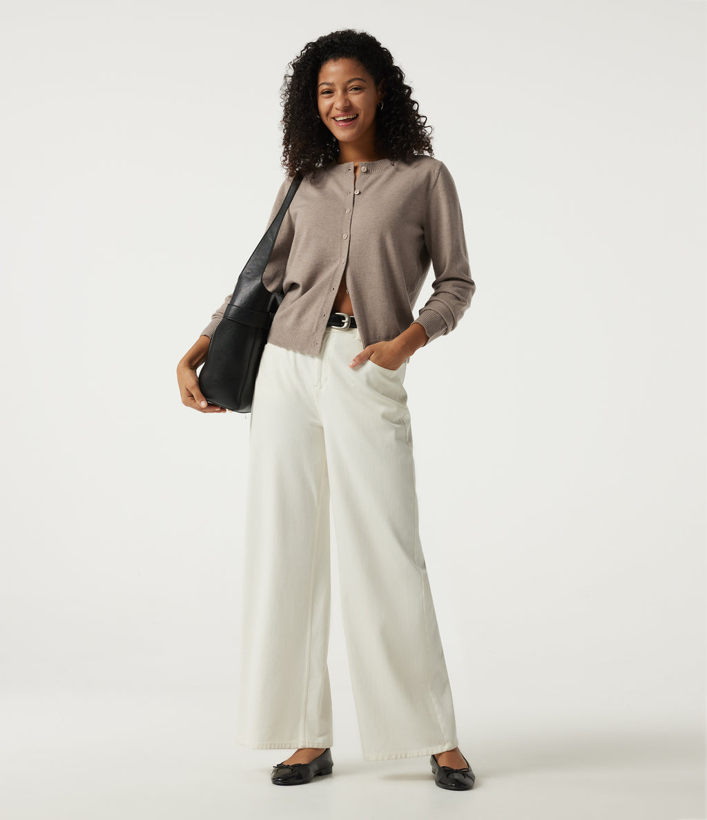 Round Neck Long Sleeve Work Cardigan — Pale Khaki — view 6