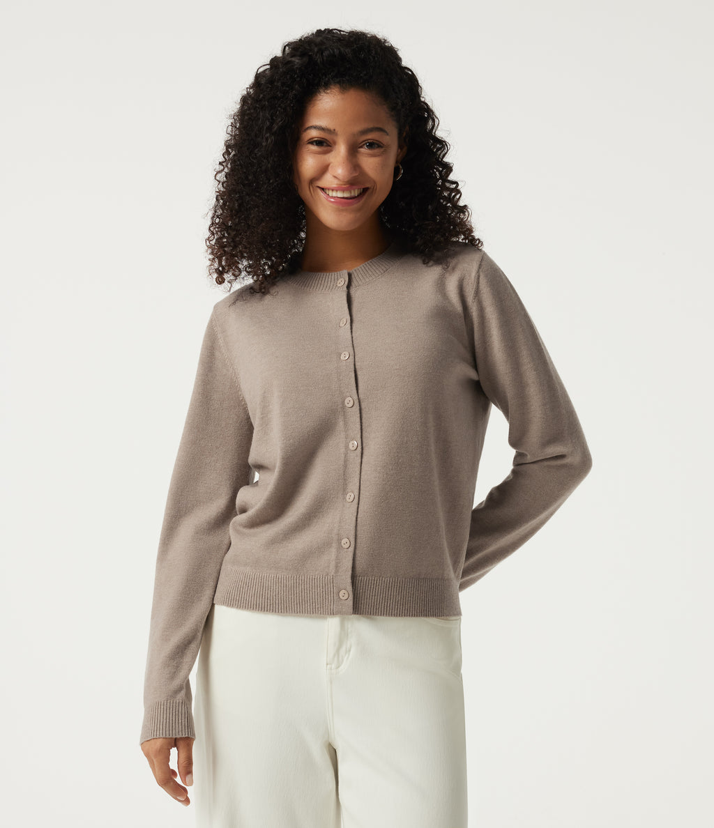 Round Neck Long Sleeve Work Cardigan — Pale Khaki — view 4