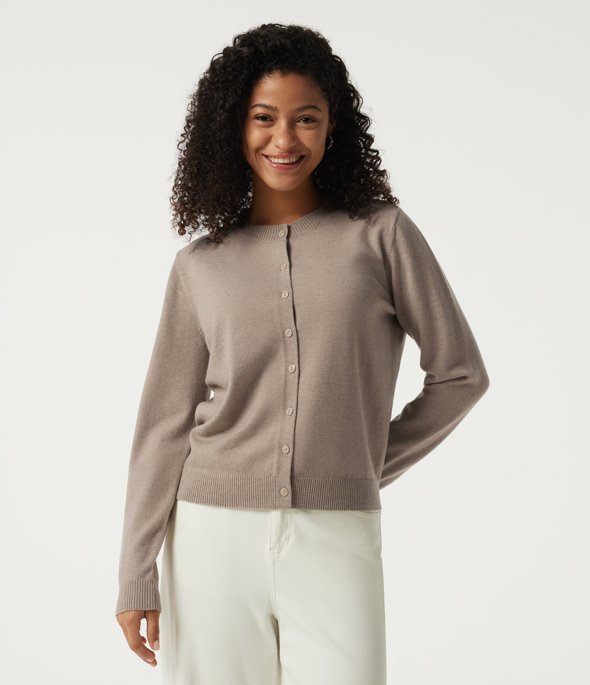 Round Neck Long Sleeve Work Cardigan — Pale Khaki — view 4