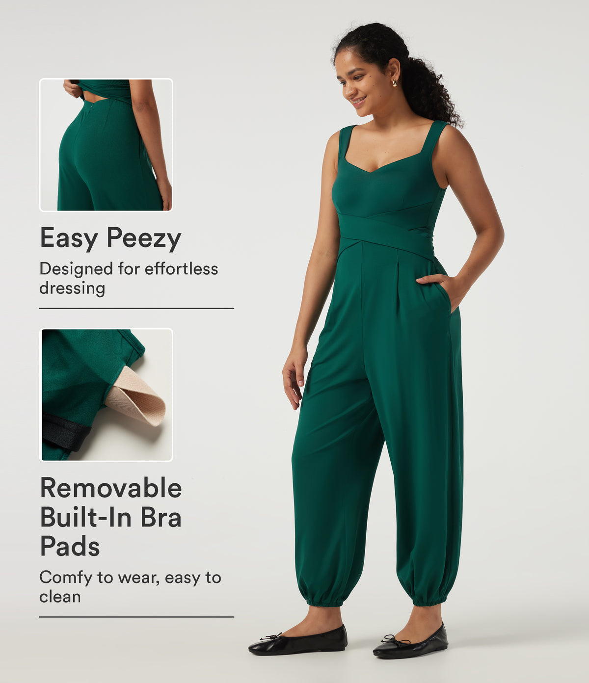 Diamond Collar Sleeveless Casual Jumpsuit with Built-in Bra and Pockets -Edition — Rain Forest — view 1