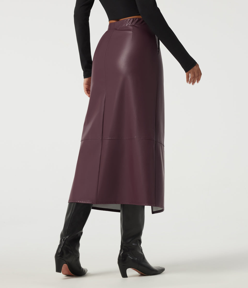High Waisted Split Hem Fleece PU Work Pencil Midi Skirt with Pockets — Windsor Wine — view 2