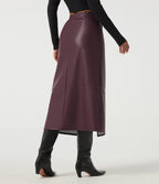 High Waisted Split Hem Fleece PU Work Pencil Midi Skirt with Pockets — Windsor Wine — view 2