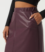 High Waisted Split Hem Fleece PU Work Pencil Midi Skirt with Pockets — Windsor Wine — view 5