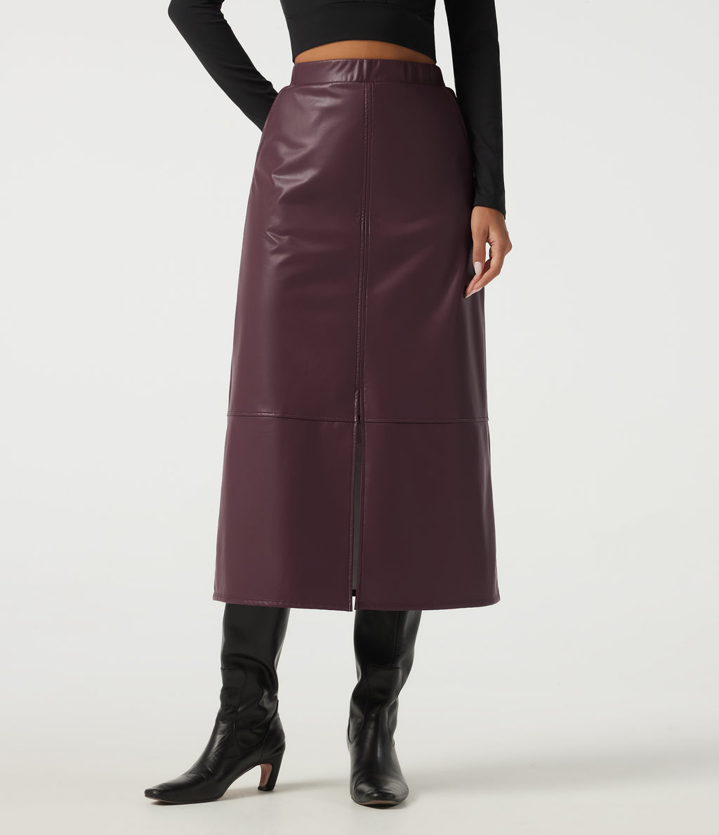 High Waisted Split Hem Fleece PU Work Pencil Midi Skirt with Pockets — Windsor Wine — view 3
