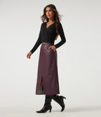 High Waisted Split Hem Fleece PU Work Pencil Midi Skirt with Pockets — Windsor Wine — view 6