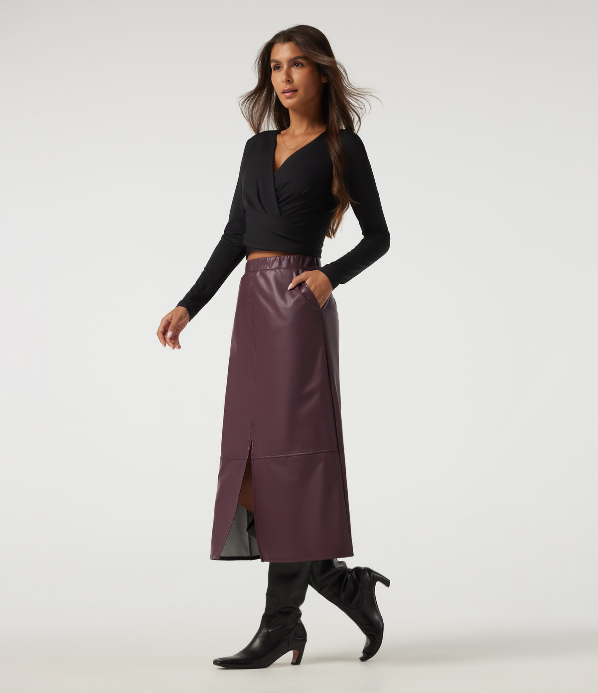 High Waisted Split Hem Fleece PU Work Pencil Midi Skirt with Pockets — Windsor Wine — view 6