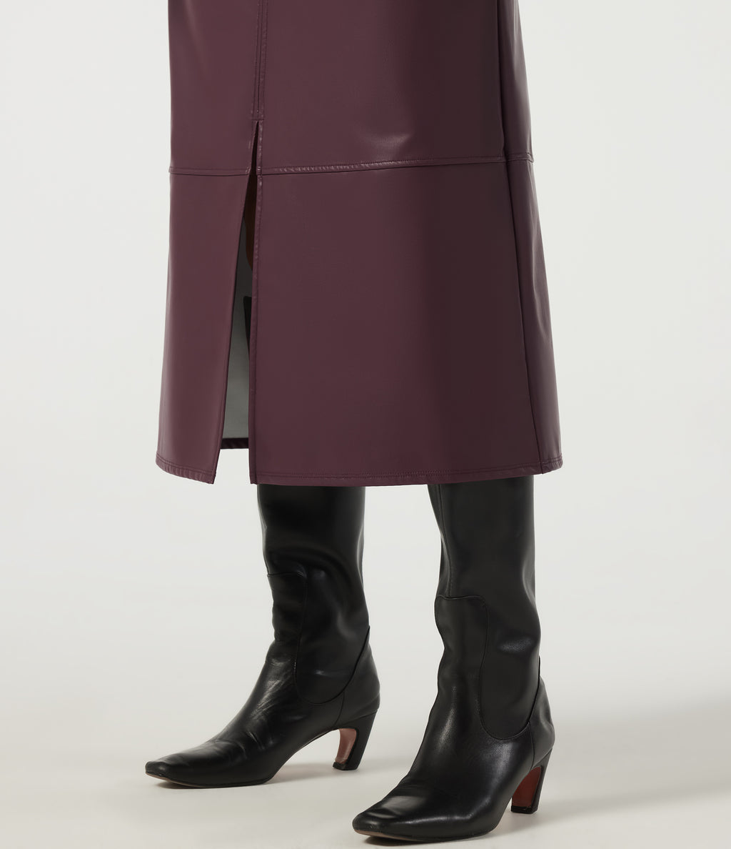 High Waisted Split Hem Fleece PU Work Pencil Midi Skirt with Pockets — Windsor Wine — view 4