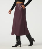 High Waisted Split Hem Fleece PU Work Pencil Midi Skirt with Pockets — Windsor Wine — view 1