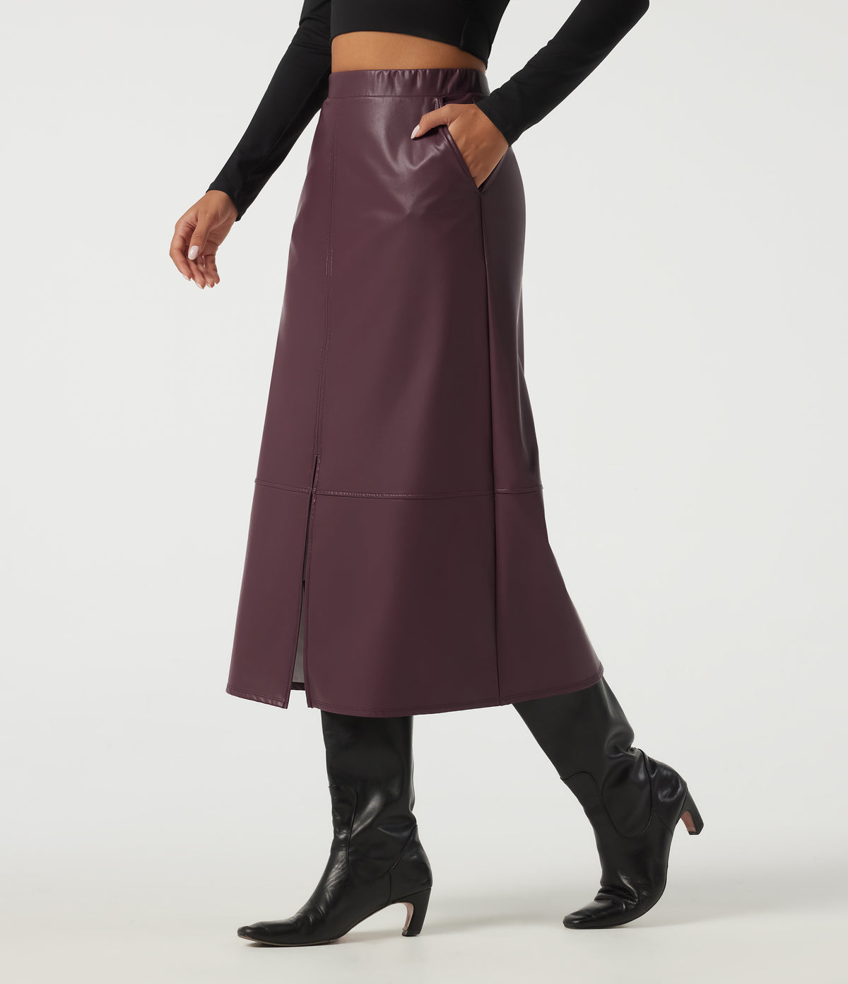 High Waisted Split Hem Fleece PU Work Pencil Midi Skirt with Pockets — Windsor Wine — view 1