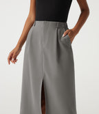 High Waisted Ruched A-Line Work Midi Skirt with Pockets — Dove Greige — view 4