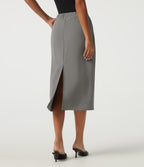 High Waisted Ruched A-Line Work Midi Skirt with Pockets — Dove Greige — view 2