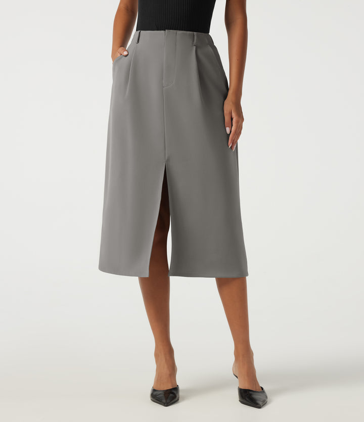 High Waisted Ruched A-Line Work Midi Skirt with Pockets — Dove Greige — view 1