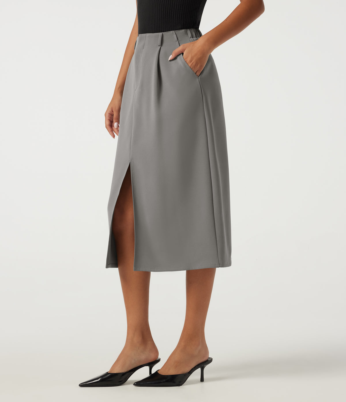 High Waisted Ruched A-Line Work Midi Skirt with Pockets — Dove Greige — view 3