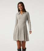 Ribbed Knit Collared Long Sleeve Casual Mini Dress with Pockets — Warm Grey Floral Velvet — view 1