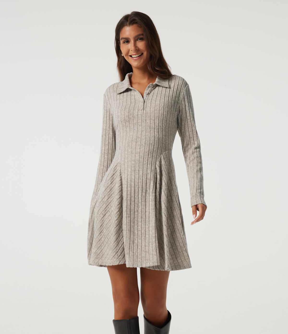Ribbed Knit Collared Long Sleeve Casual Mini Dress with Pockets — Warm Grey Floral Velvet — view 1