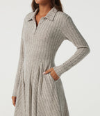Ribbed Knit Collared Long Sleeve Casual Mini Dress with Pockets — Warm Grey Floral Velvet — view 4