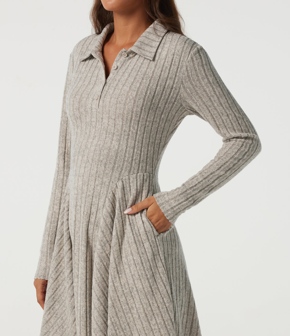 Ribbed Knit Collared Long Sleeve Casual Mini Dress with Pockets — Warm Grey Floral Velvet — view 4
