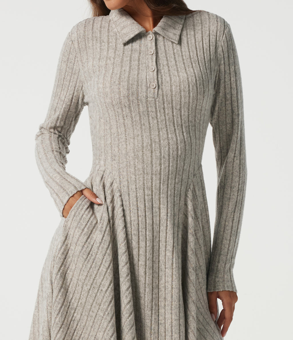 Ribbed Knit Collared Long Sleeve Casual Mini Dress with Pockets — Warm Grey Floral Velvet — view 5