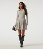 Ribbed Knit Collared Long Sleeve Casual Mini Dress with Pockets — Warm Grey Floral Velvet — view 6
