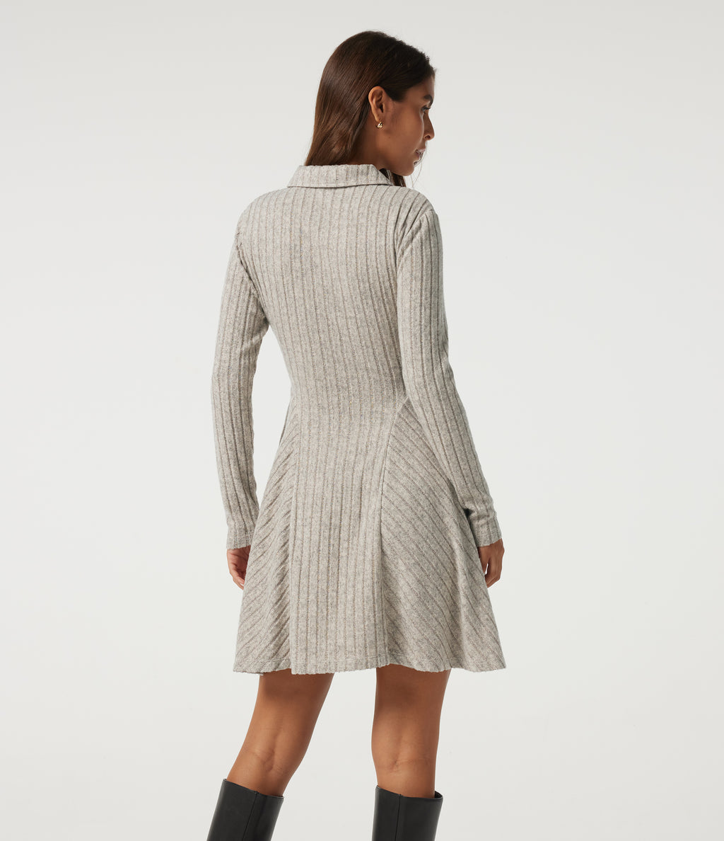 Ribbed Knit Collared Long Sleeve Casual Mini Dress with Pockets — Warm Grey Floral Velvet — view 2