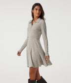 Ribbed Knit Collared Long Sleeve Casual Mini Dress with Pockets — Warm Grey Floral Velvet — view 3
