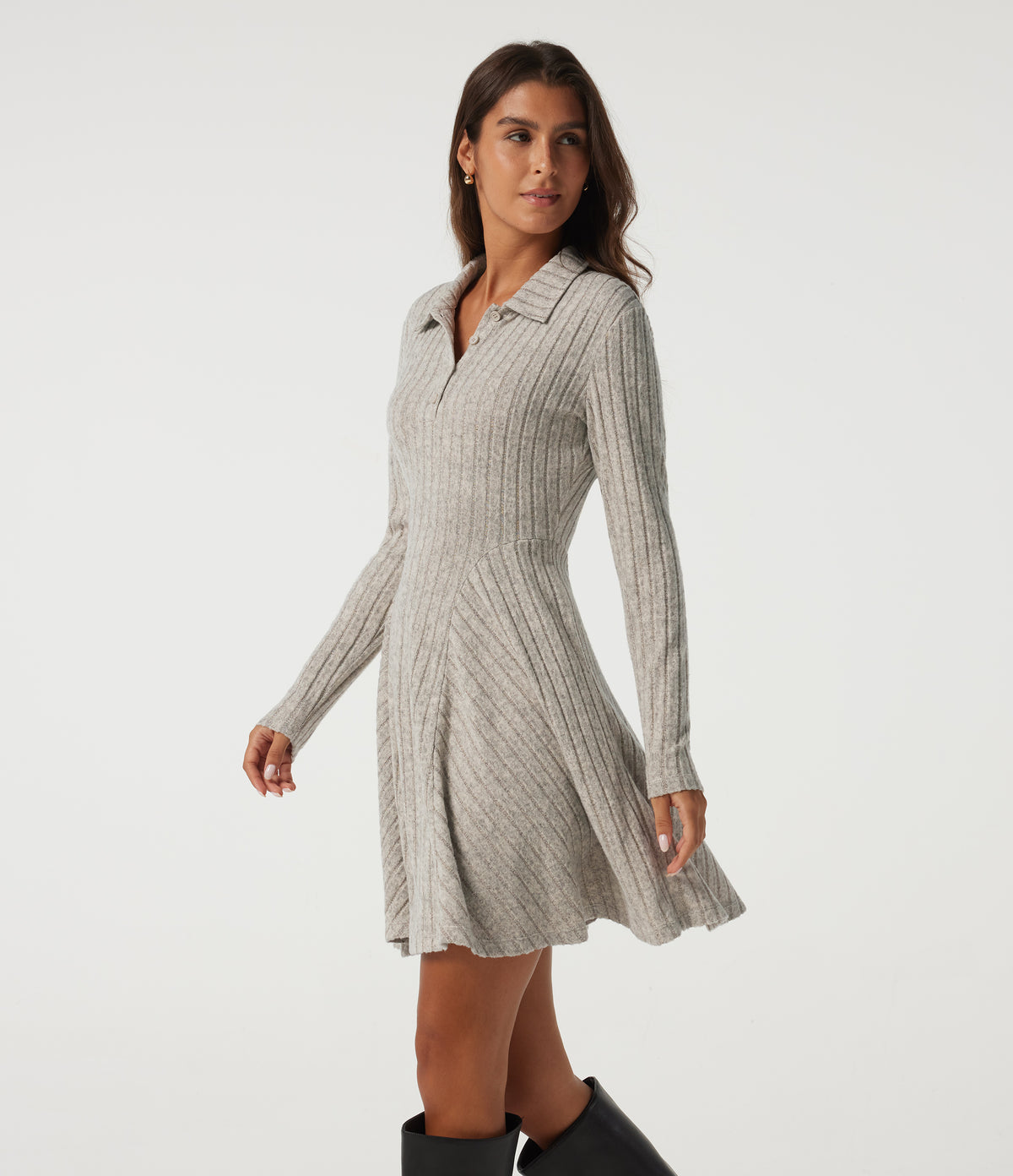 Ribbed Knit Collared Long Sleeve Casual Mini Dress with Pockets — Warm Grey Floral Velvet — view 3