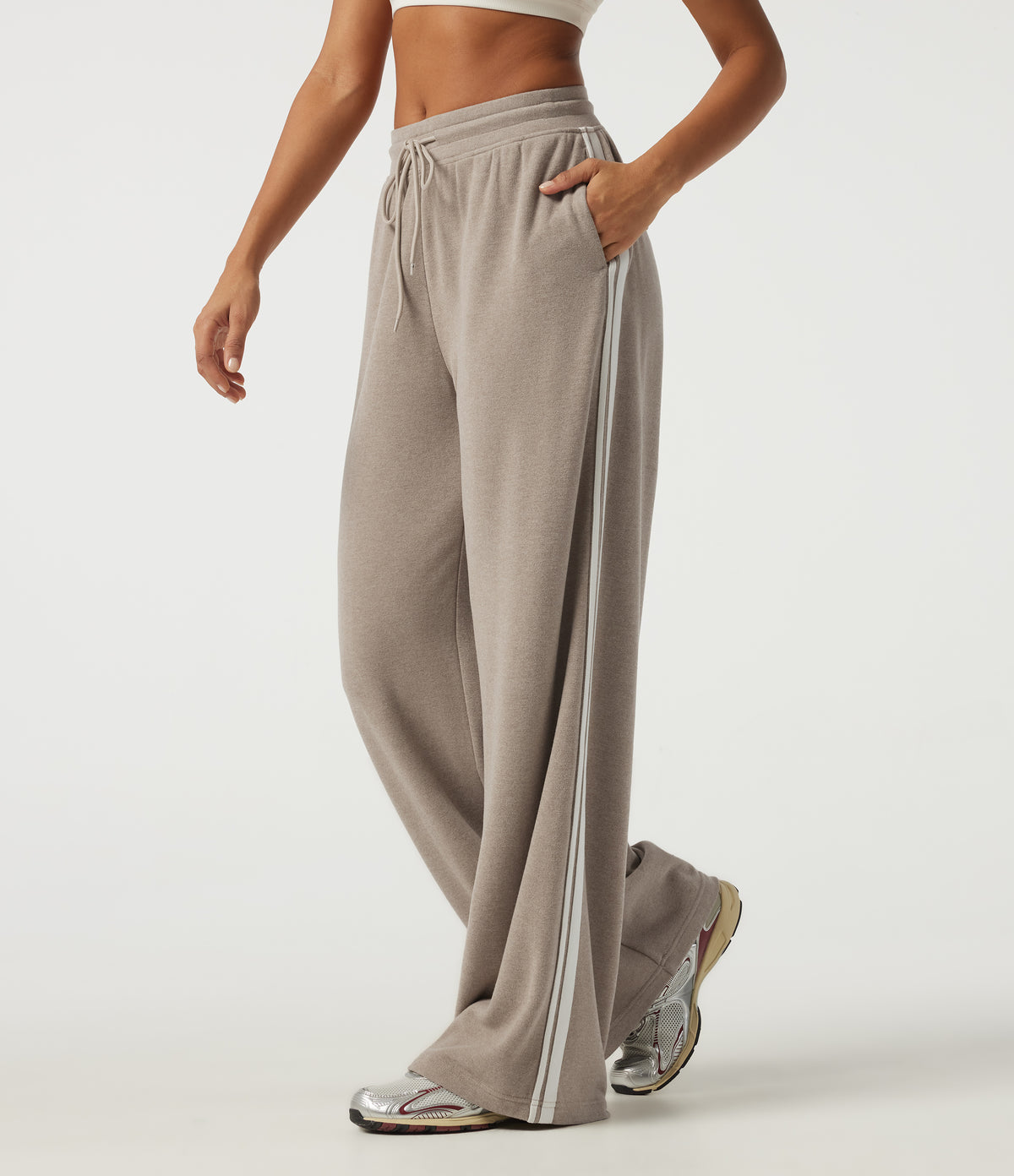 Mid Rise Drawstring Wide Leg Workout Trousers with Pockets — Oatstone Beige — view 1