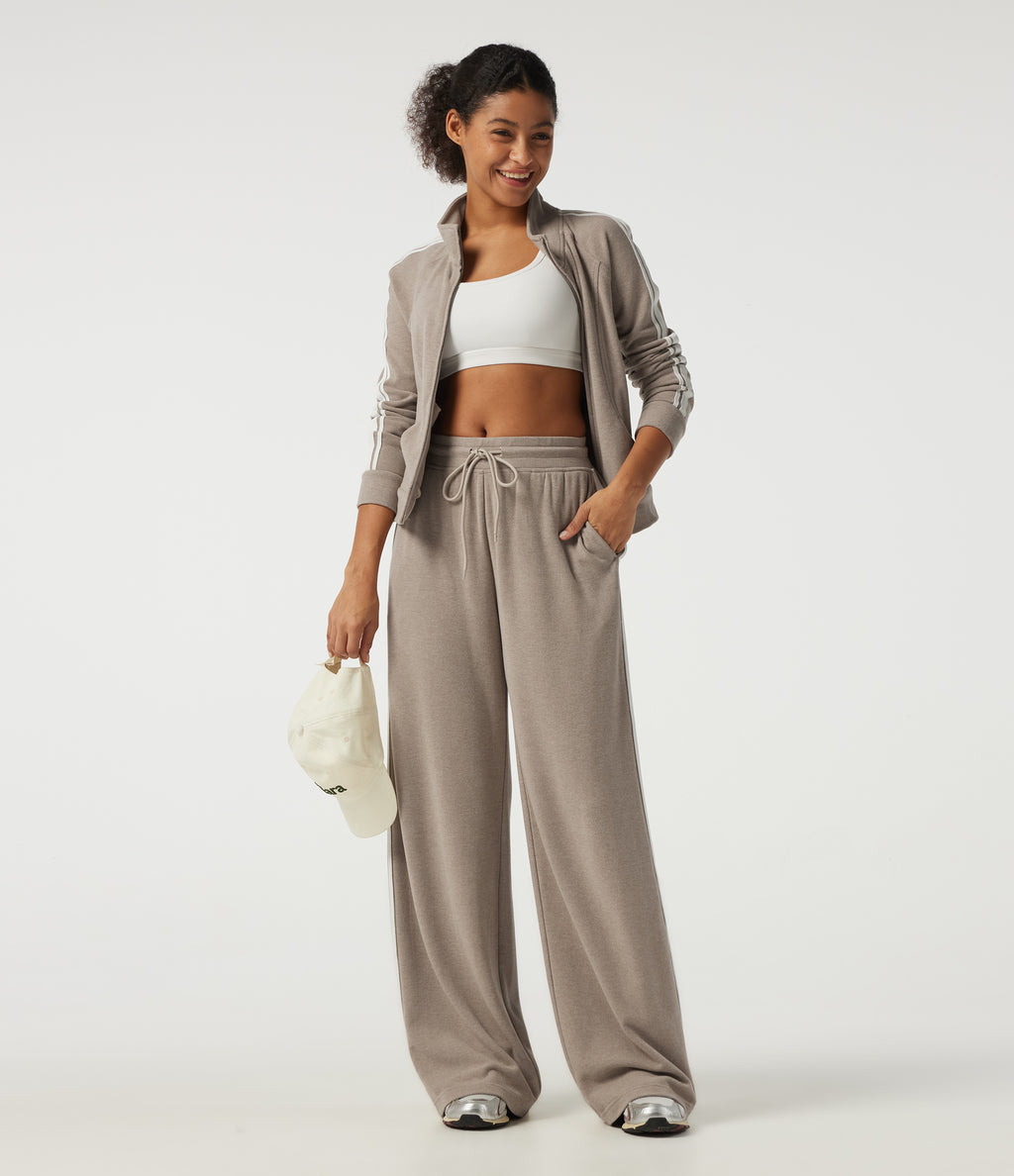 Mid Rise Drawstring Wide Leg Workout Trousers with Pockets — Oatstone Beige — view 7