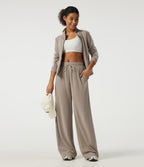 Mid Rise Drawstring Wide Leg Workout Trousers with Pockets — Oatstone Beige — view 7