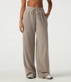 Mid Rise Drawstring Wide Leg Workout Trousers with Pockets — Oatstone Beige — view 3