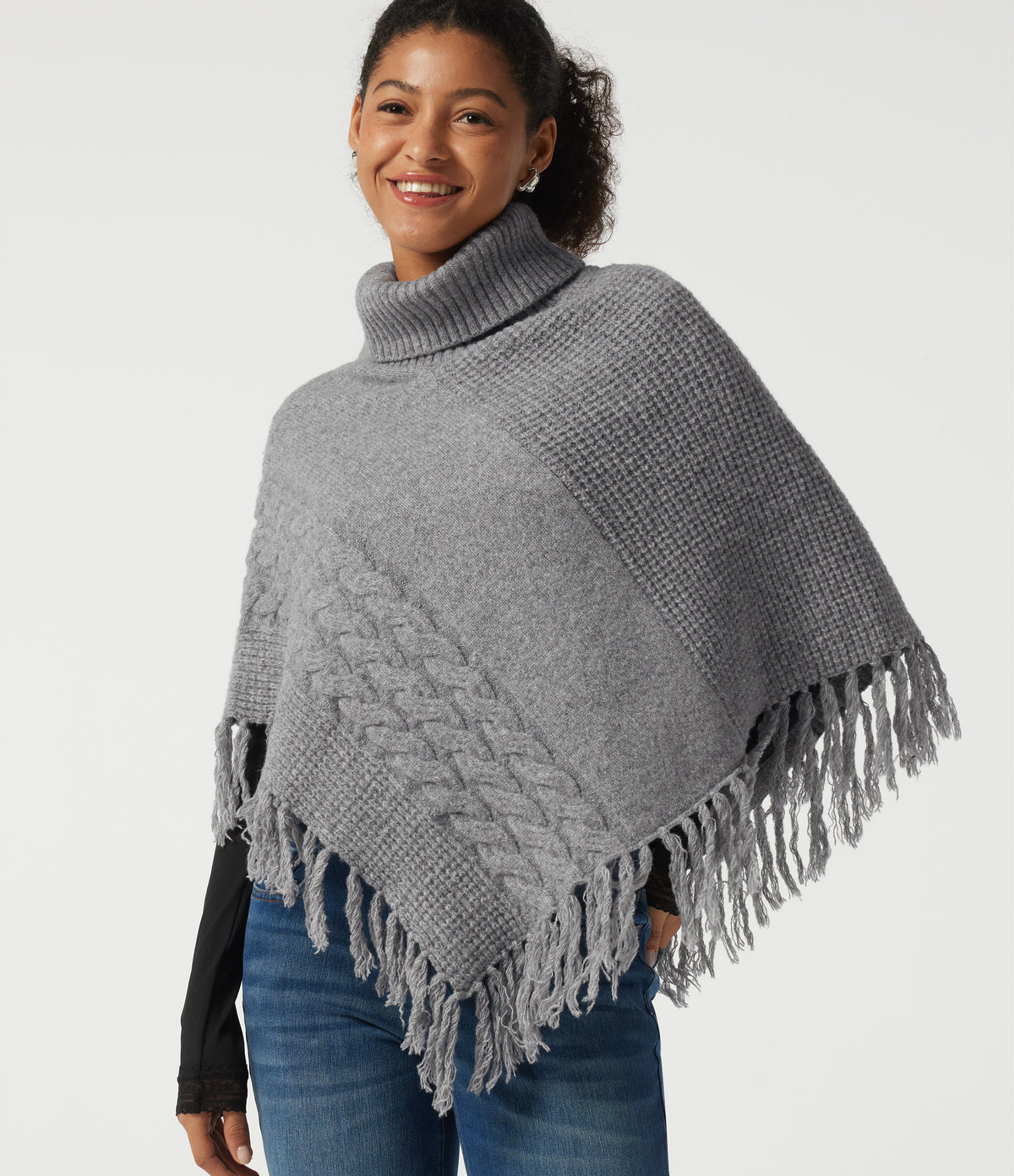 High Neck Fringe Hem Casual Jumper — Sharkskin — view 1