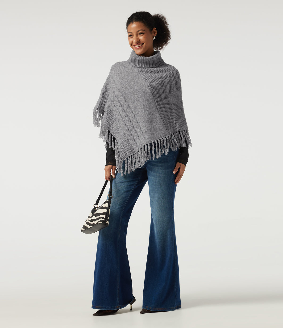 High Neck Fringe Hem Casual Jumper — Sharkskin — view 7