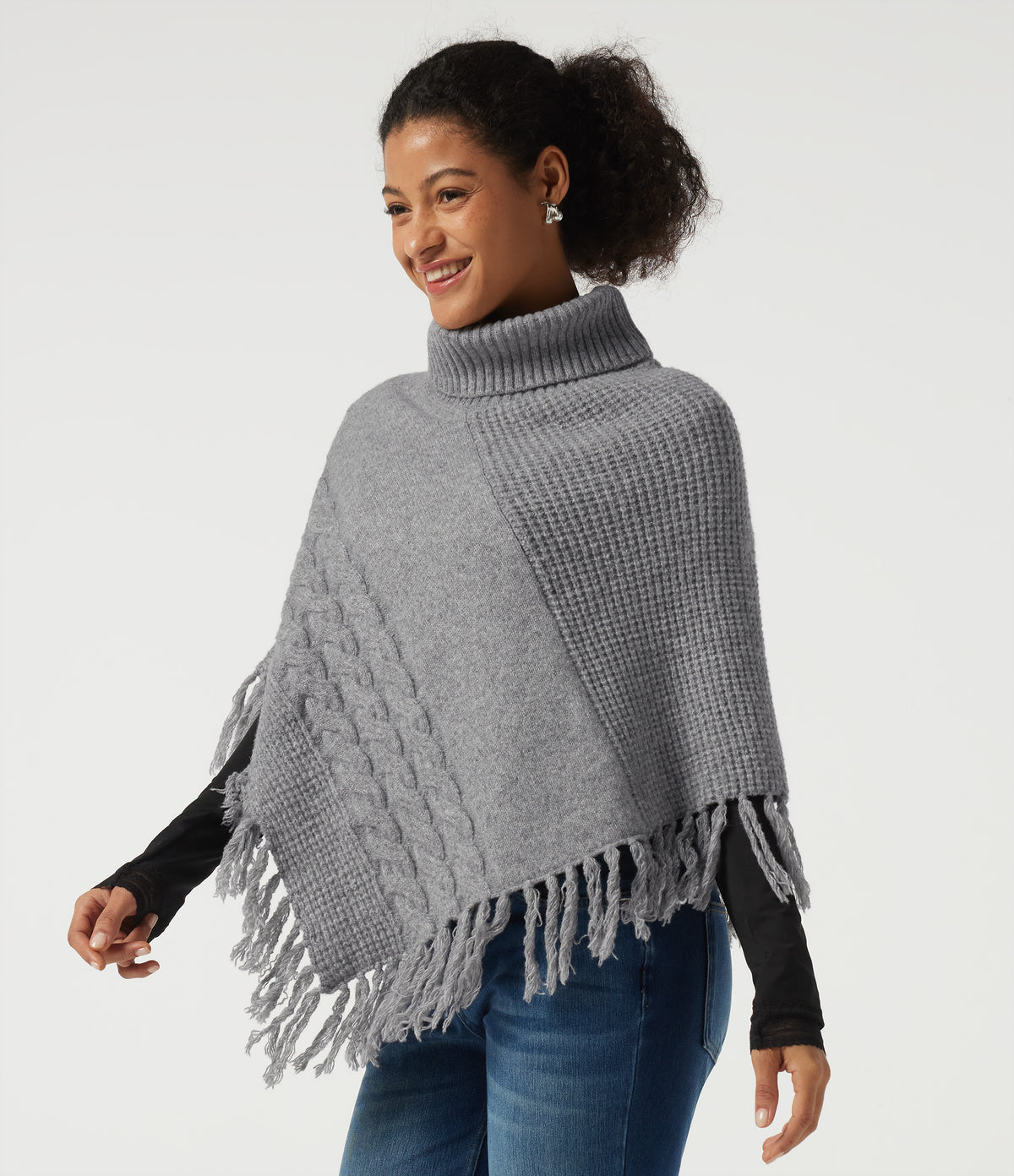 High Neck Fringe Hem Casual Jumper — Sharkskin — view 3