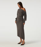 One Shoulder Puff Long Sleeve Asymmetric Work Midi Sweater Dress — Mulch — view 3