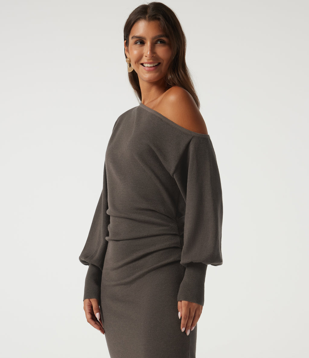 One Shoulder Puff Long Sleeve Asymmetric Work Midi Sweater Dress — Mulch — view 4