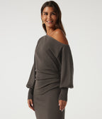 One Shoulder Puff Long Sleeve Asymmetric Work Midi Sweater Dress — Mulch — view 4