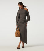 One Shoulder Puff Long Sleeve Asymmetric Work Midi Sweater Dress — Mulch — view 5