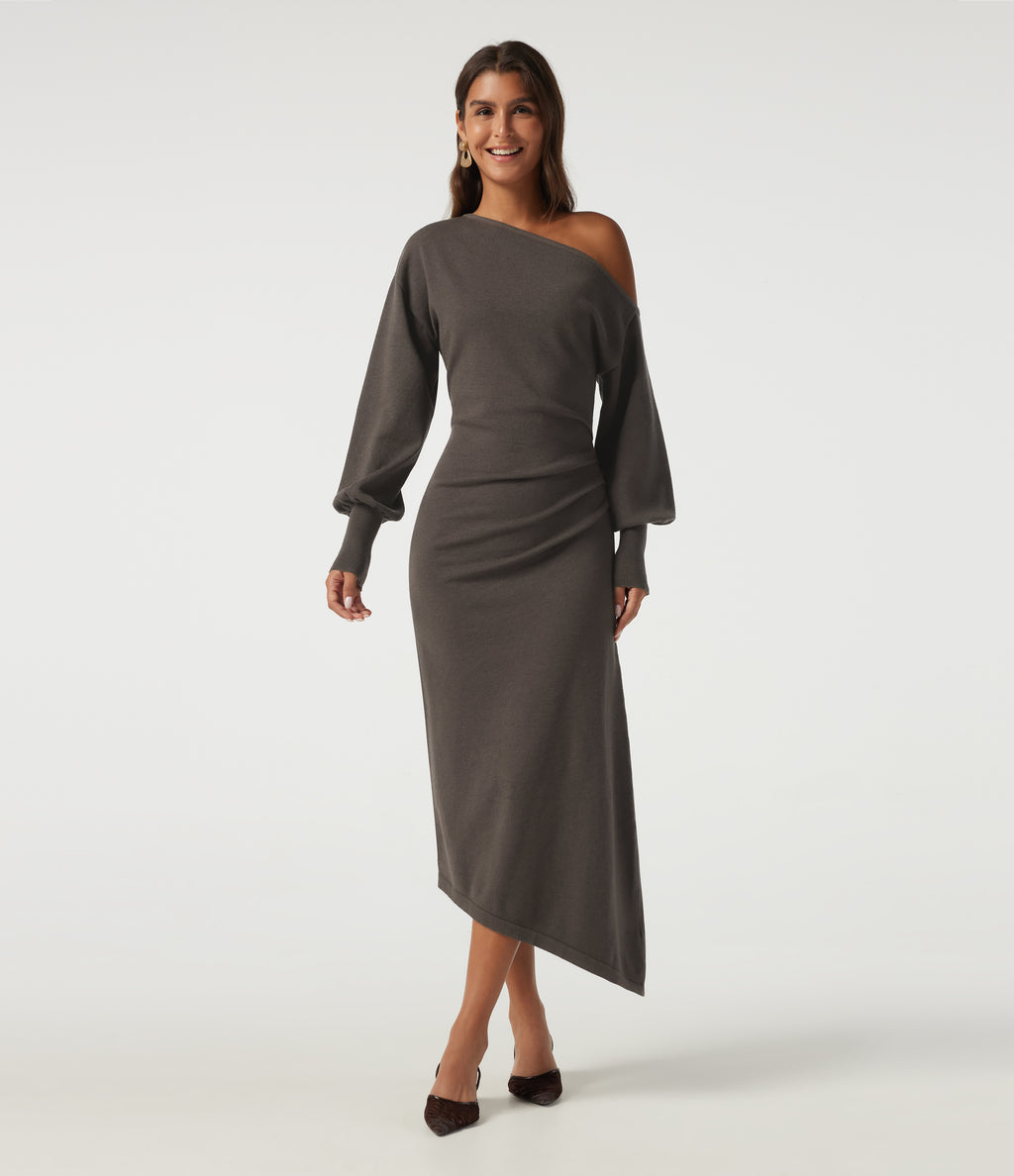 One Shoulder Puff Long Sleeve Asymmetric Work Midi Sweater Dress — Mulch — view 1