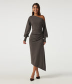 One Shoulder Puff Long Sleeve Asymmetric Work Midi Sweater Dress — Mulch — view 1