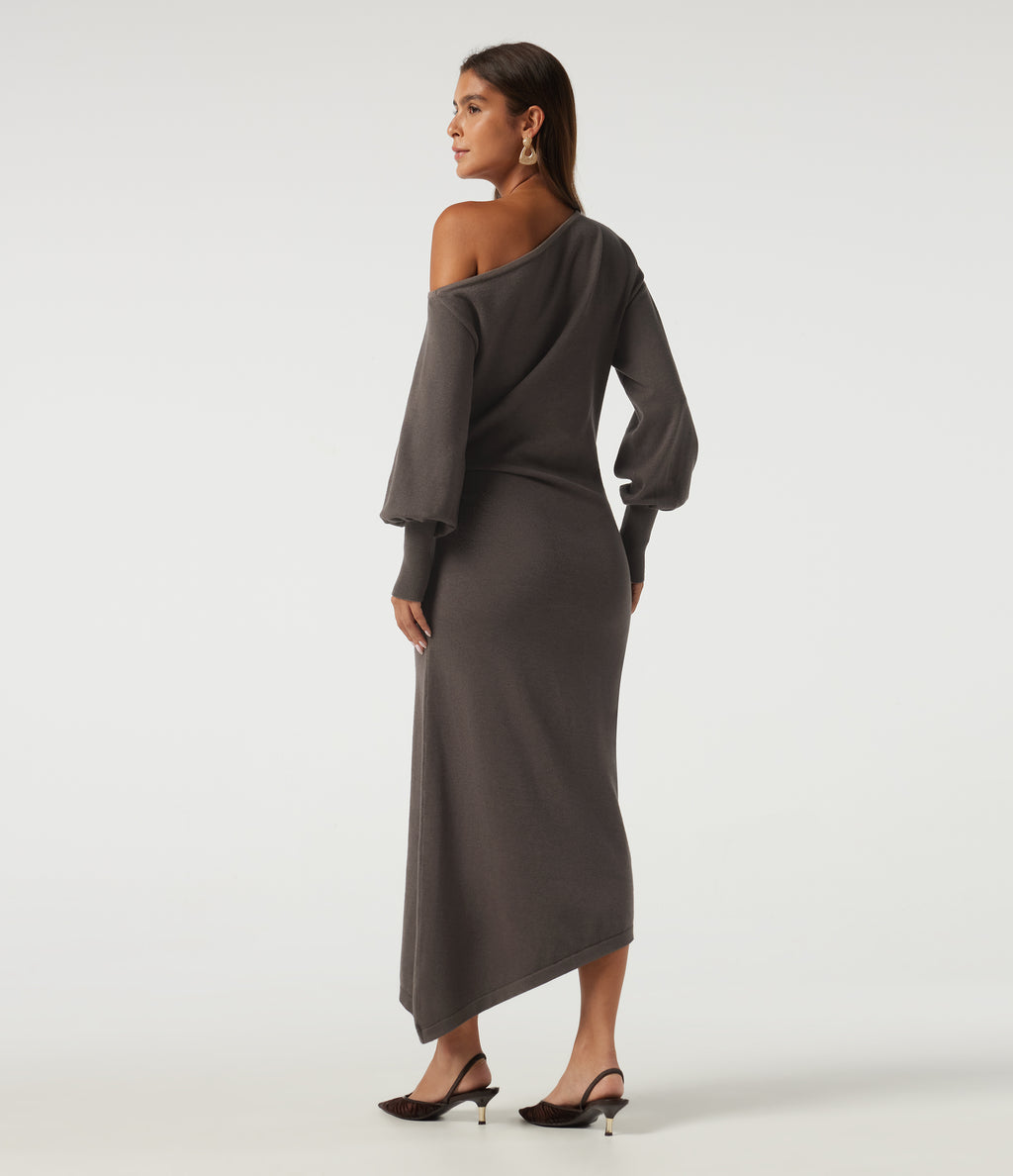 One Shoulder Puff Long Sleeve Asymmetric Work Midi Sweater Dress — Mulch — view 2