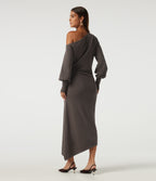 One Shoulder Puff Long Sleeve Asymmetric Work Midi Sweater Dress — Mulch — view 2