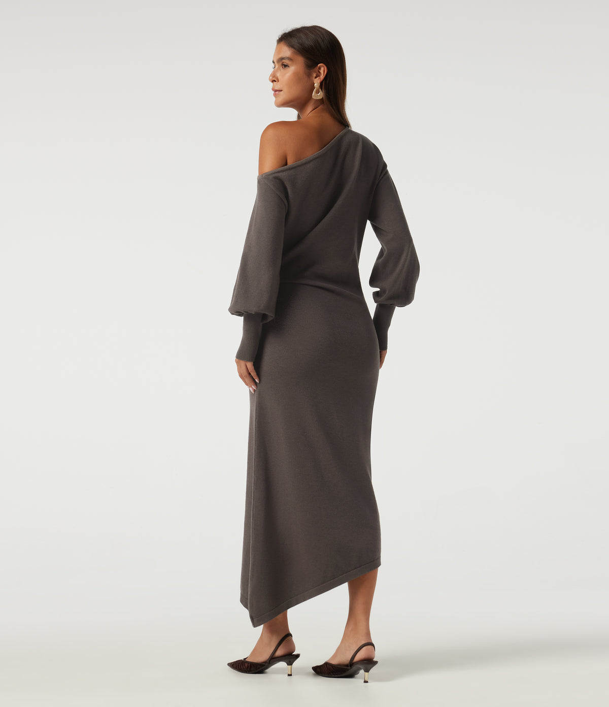 One Shoulder Puff Long Sleeve Asymmetric Work Midi Sweater Dress — Mulch — view 2