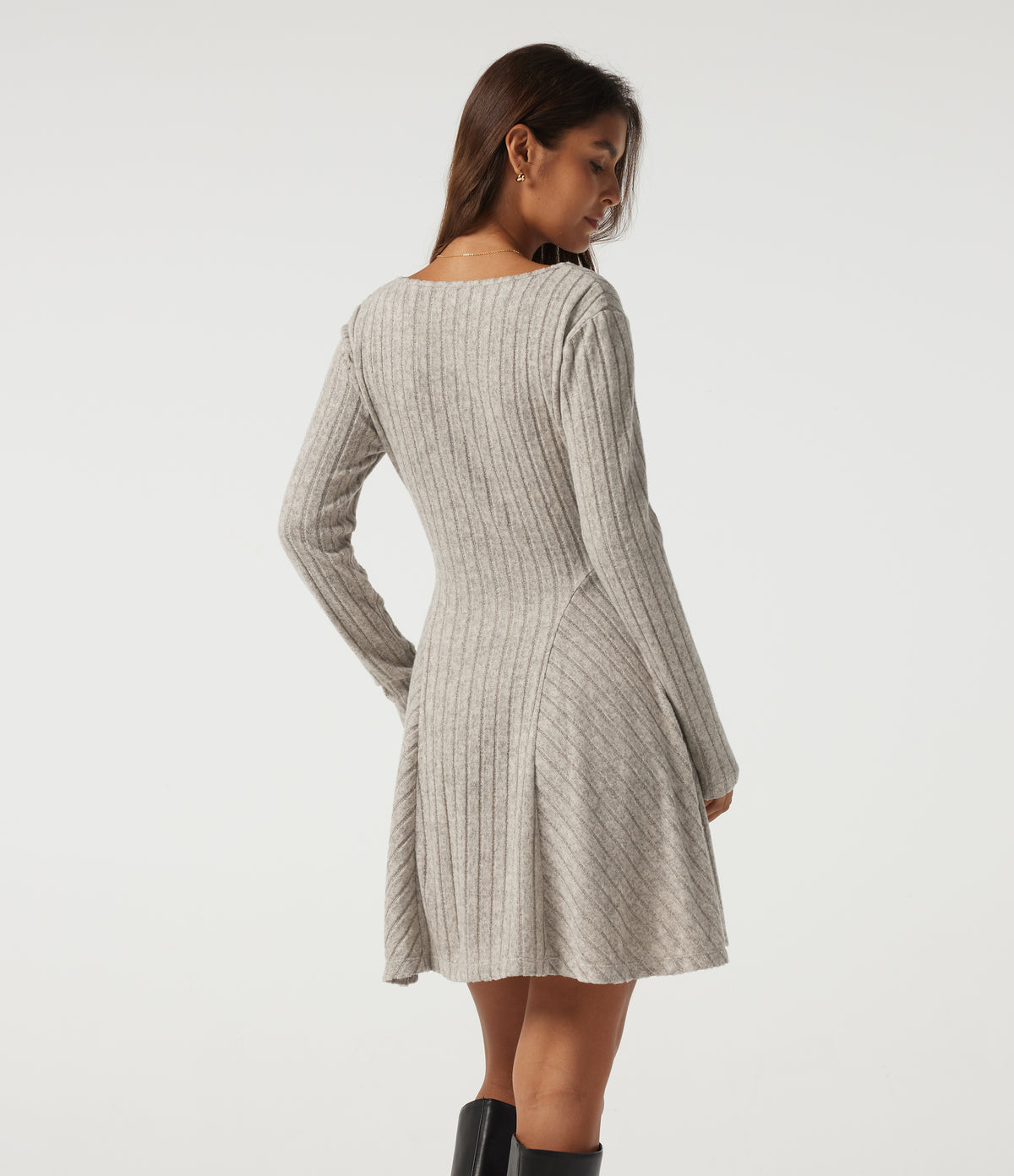 Ribbed Knit Henley Neck Long Sleeve Mini Casual Dress with Pockets — Warm Grey Floral Velvet — view 2