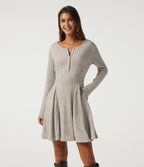 Ribbed Knit Henley Neck Long Sleeve Mini Casual Dress with Pockets — Warm Grey Floral Velvet — view 3