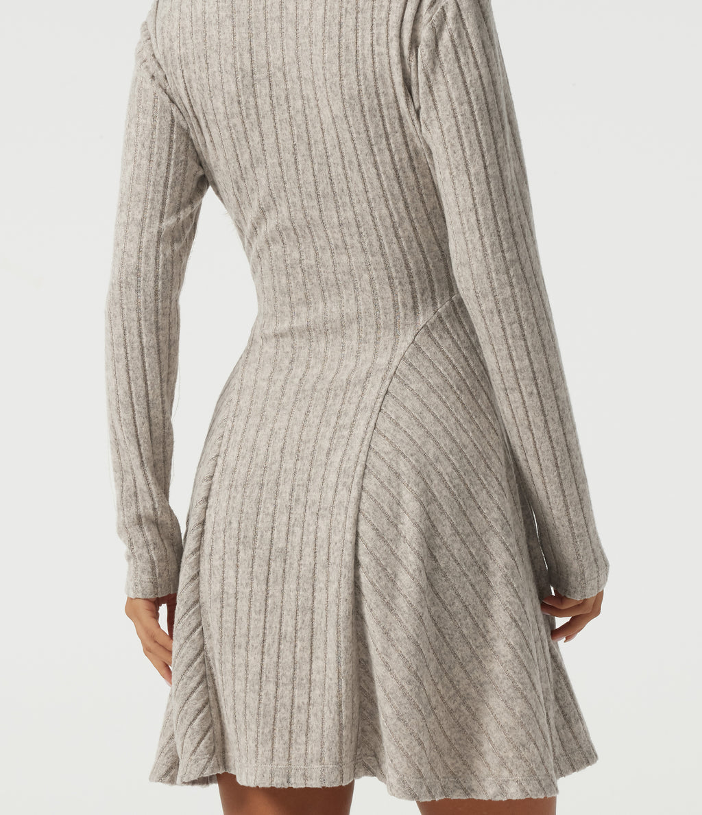 Ribbed Knit Henley Neck Long Sleeve Mini Casual Dress with Pockets — Warm Grey Floral Velvet — view 6
