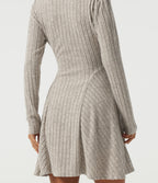 Ribbed Knit Henley Neck Long Sleeve Mini Casual Dress with Pockets — Warm Grey Floral Velvet — view 6
