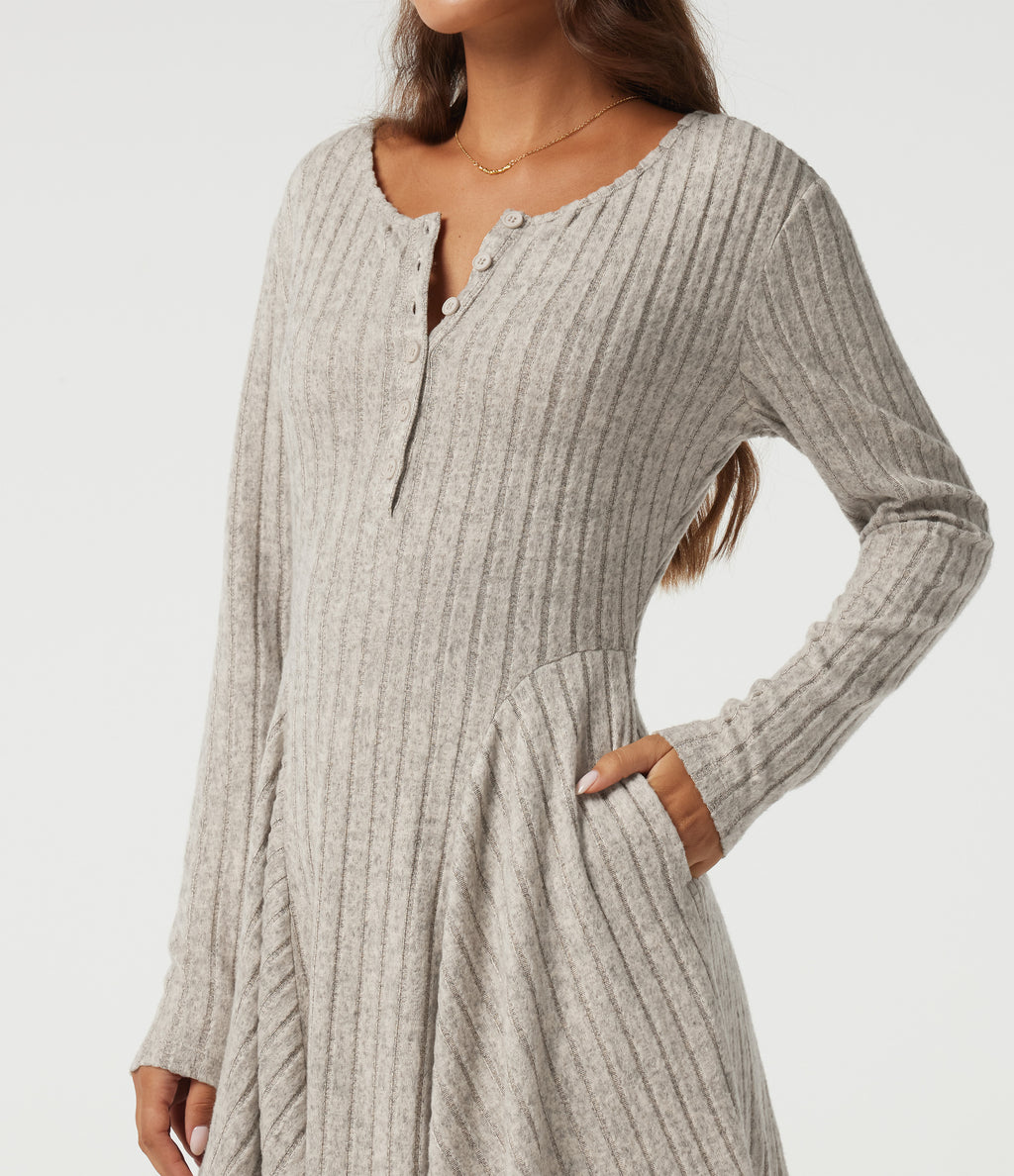 Ribbed Knit Henley Neck Long Sleeve Mini Casual Dress with Pockets — Warm Grey Floral Velvet — view 5