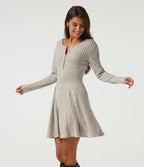 Ribbed Knit Henley Neck Long Sleeve Mini Casual Dress with Pockets — Warm Grey Floral Velvet — view 1