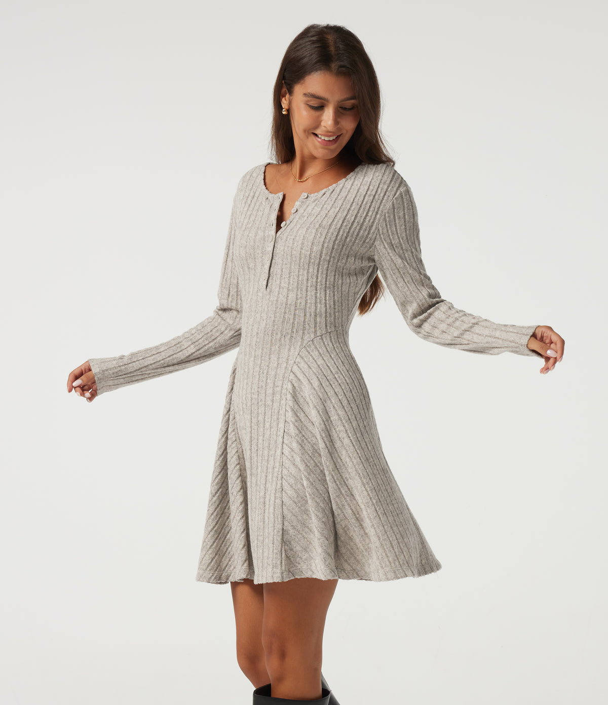 Ribbed Knit Henley Neck Long Sleeve Mini Casual Dress with Pockets — Warm Grey Floral Velvet — view 1